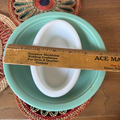 LOT 84: Vintage Fruit Serving Dish, Made in England Small Mixing Bowl, Johnson Brothers Plate, Fiesta Ware Bowl, Woven Hot Pads & More