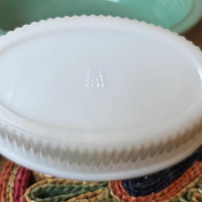 LOT 84: Vintage Fruit Serving Dish, Made in England Small Mixing Bowl, Johnson Brothers Plate, Fiesta Ware Bowl, Woven Hot Pads & More