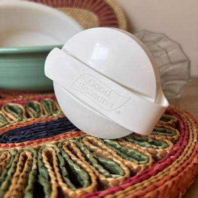 LOT 84: Vintage Fruit Serving Dish, Made in England Small Mixing Bowl, Johnson Brothers Plate, Fiesta Ware Bowl, Woven Hot Pads & More