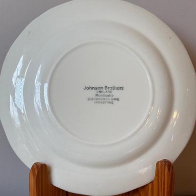 LOT 84: Vintage Fruit Serving Dish, Made in England Small Mixing Bowl, Johnson Brothers Plate, Fiesta Ware Bowl, Woven Hot Pads & More