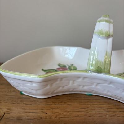 LOT 84: Vintage Fruit Serving Dish, Made in England Small Mixing Bowl, Johnson Brothers Plate, Fiesta Ware Bowl, Woven Hot Pads & More