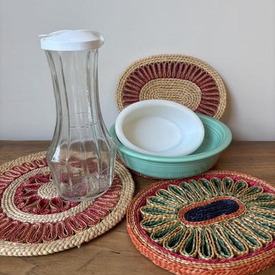 LOT 84: Vintage Fruit Serving Dish, Made in England Small Mixing Bowl, Johnson Brothers Plate, Fiesta Ware Bowl, Woven Hot Pads & More