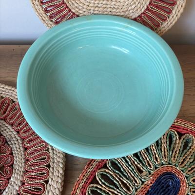 LOT 84: Vintage Fruit Serving Dish, Made in England Small Mixing Bowl, Johnson Brothers Plate, Fiesta Ware Bowl, Woven Hot Pads & More