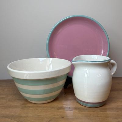 LOT 84: Vintage Fruit Serving Dish, Made in England Small Mixing Bowl, Johnson Brothers Plate, Fiesta Ware Bowl, Woven Hot Pads & More