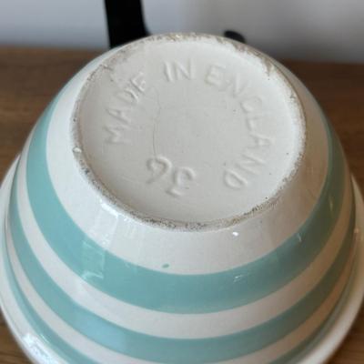 LOT 84: Vintage Fruit Serving Dish, Made in England Small Mixing Bowl, Johnson Brothers Plate, Fiesta Ware Bowl, Woven Hot Pads & More