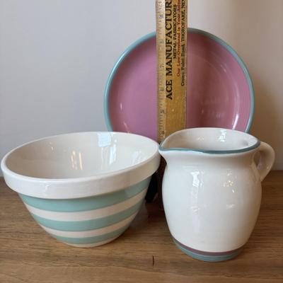 LOT 84: Vintage Fruit Serving Dish, Made in England Small Mixing Bowl, Johnson Brothers Plate, Fiesta Ware Bowl, Woven Hot Pads & More