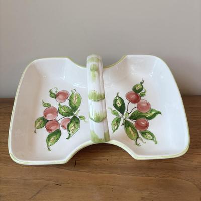 LOT 84: Vintage Fruit Serving Dish, Made in England Small Mixing Bowl, Johnson Brothers Plate, Fiesta Ware Bowl, Woven Hot Pads & More