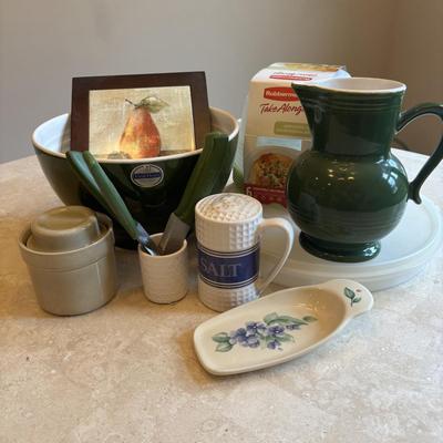 LOT 85: Vintage Green Pitcher, Large Emile Henry Green Mixing Bowl, Tupperware, Rubbermaid (NIP), Pfaltzgraff & More