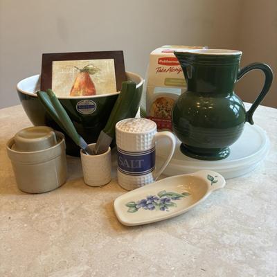 LOT 85: Vintage Green Pitcher, Large Emile Henry Green Mixing Bowl, Tupperware, Rubbermaid (NIP), Pfaltzgraff & More