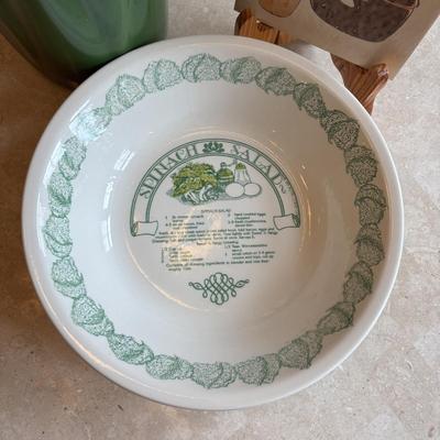 LOT 86: Toole Co. Wooden Salad Bowl Set, Made in England Trivet, Royal China Garden Classic Spinach Salad Bowl, Vtg. Indiana Glass Green...