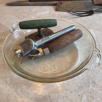 LOT 88: Kitchen Essentials: GE Hand Mixer, Rolling Pin, Pyrex Pie Plates, Glass Mixing Bowl along with Vintage Kitchen Utensils