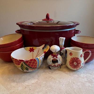 LOT 89: Crock Pot Slow Cooker, Chef Salt/Pepper Shakers, Eva Mendez Bowl, Florida Market Place Red Bowls