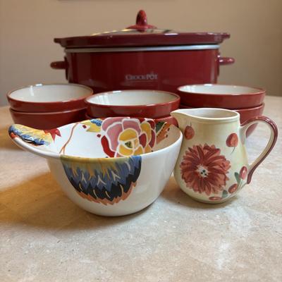 LOT 89: Crock Pot Slow Cooker, Chef Salt/Pepper Shakers, Eva Mendez Bowl, Florida Market Place Red Bowls