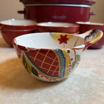LOT 89: Crock Pot Slow Cooker, Chef Salt/Pepper Shakers, Eva Mendez Bowl, Florida Market Place Red Bowls