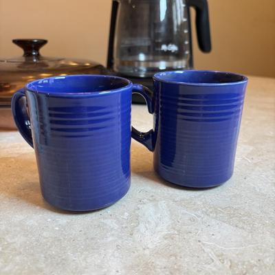 LOT 92: Corning Ware Visions Fry Pan w/Lid, Mr. Coffee, Mikasa Teapot & Cup Set, and Coffee Mugs