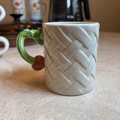 LOT 92: Corning Ware Visions Fry Pan w/Lid, Mr. Coffee, Mikasa Teapot & Cup Set, and Coffee Mugs