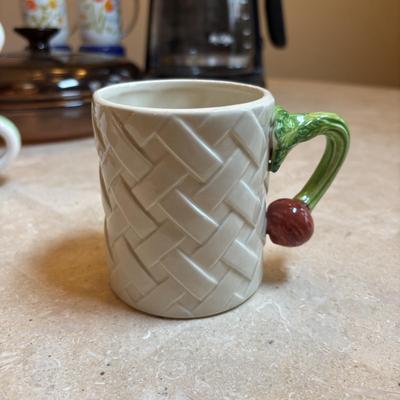 LOT 92: Corning Ware Visions Fry Pan w/Lid, Mr. Coffee, Mikasa Teapot & Cup Set, and Coffee Mugs