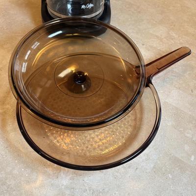 LOT 92: Corning Ware Visions Fry Pan w/Lid, Mr. Coffee, Mikasa Teapot & Cup Set, and Coffee Mugs