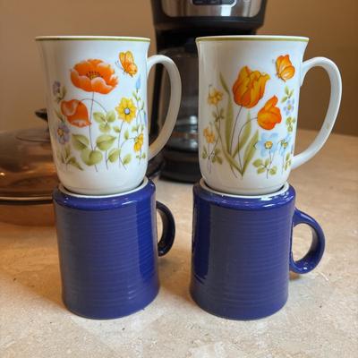 LOT 92: Corning Ware Visions Fry Pan w/Lid, Mr. Coffee, Mikasa Teapot & Cup Set, and Coffee Mugs