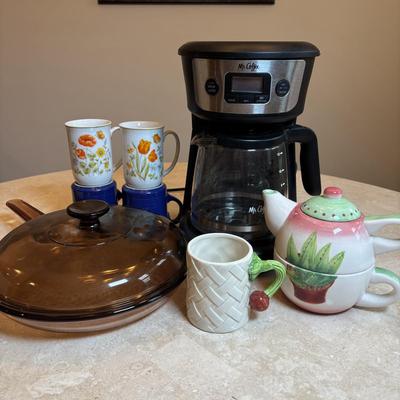 LOT 92: Corning Ware Visions Fry Pan w/Lid, Mr. Coffee, Mikasa Teapot & Cup Set, and Coffee Mugs