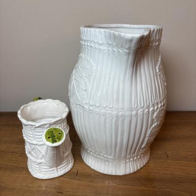 LOT 93: Charter Club Nesting Bowls, Metal Serving Tray, White Ceramic, Water Pitcher & Watering Can Vase