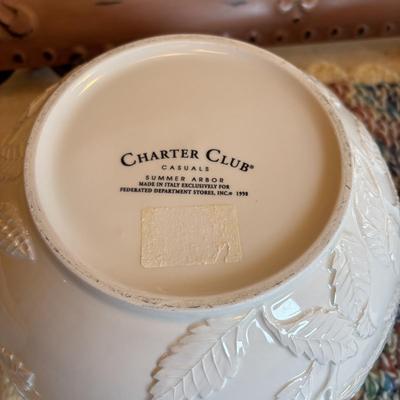 LOT 93: Charter Club Nesting Bowls, Metal Serving Tray, White Ceramic, Water Pitcher & Watering Can Vase