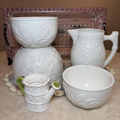 LOT 93: Charter Club Nesting Bowls, Metal Serving Tray, White Ceramic, Water Pitcher & Watering Can Vase