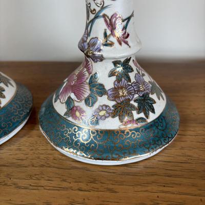 LOT 95: Floral Porcelain & Brass Bowl, G.A. Hong Kong Vase & Hand Painted Candlesticks
