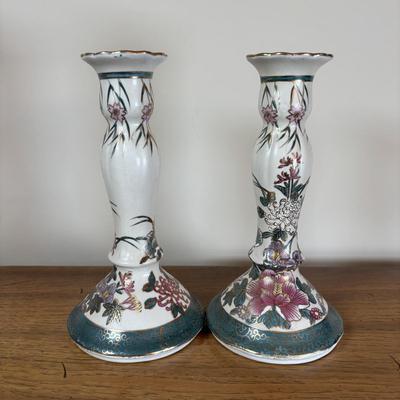 LOT 95: Floral Porcelain & Brass Bowl, G.A. Hong Kong Vase & Hand Painted Candlesticks
