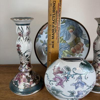 LOT 95: Floral Porcelain & Brass Bowl, G.A. Hong Kong Vase & Hand Painted Candlesticks