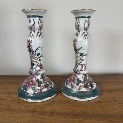 LOT 95: Floral Porcelain & Brass Bowl, G.A. Hong Kong Vase & Hand Painted Candlesticks