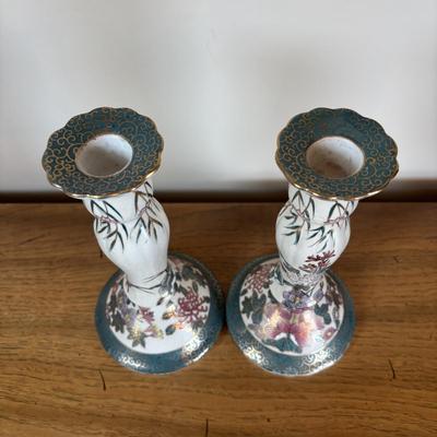 LOT 95: Floral Porcelain & Brass Bowl, G.A. Hong Kong Vase & Hand Painted Candlesticks