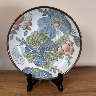 LOT 95: Floral Porcelain & Brass Bowl, G.A. Hong Kong Vase & Hand Painted Candlesticks