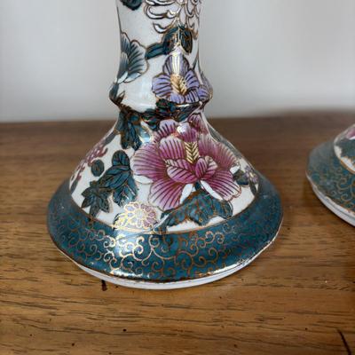 LOT 95: Floral Porcelain & Brass Bowl, G.A. Hong Kong Vase & Hand Painted Candlesticks