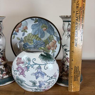 LOT 95: Floral Porcelain & Brass Bowl, G.A. Hong Kong Vase & Hand Painted Candlesticks