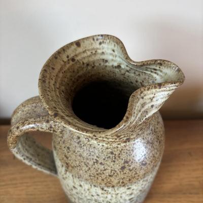 LOT 96: Pottery Collection: Blue Glaze Vase, Brown/Tan Speckled Pitcher, Square Plates & Mugs