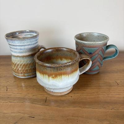 LOT 96: Pottery Collection: Blue Glaze Vase, Brown/Tan Speckled Pitcher, Square Plates & Mugs