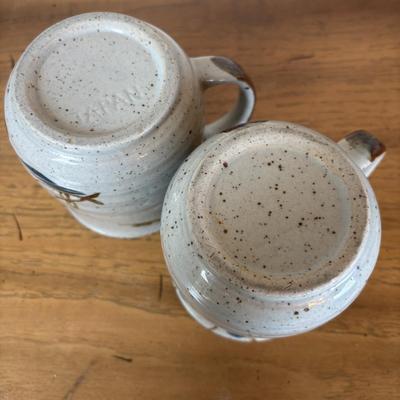 LOT 96: Pottery Collection: Blue Glaze Vase, Brown/Tan Speckled Pitcher, Square Plates & Mugs