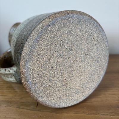 LOT 96: Pottery Collection: Blue Glaze Vase, Brown/Tan Speckled Pitcher, Square Plates & Mugs