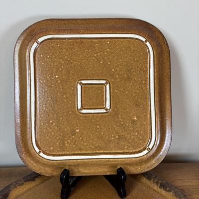 LOT 96: Pottery Collection: Blue Glaze Vase, Brown/Tan Speckled Pitcher, Square Plates & Mugs