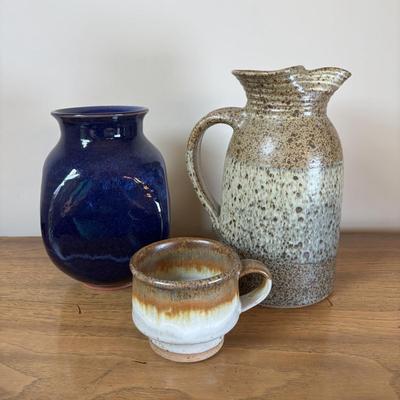LOT 96: Pottery Collection: Blue Glaze Vase, Brown/Tan Speckled Pitcher, Square Plates & Mugs