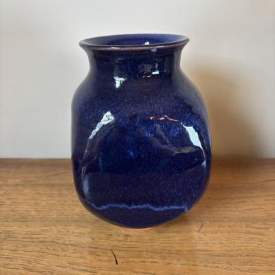 LOT 96: Pottery Collection: Blue Glaze Vase, Brown/Tan Speckled Pitcher, Square Plates & Mugs