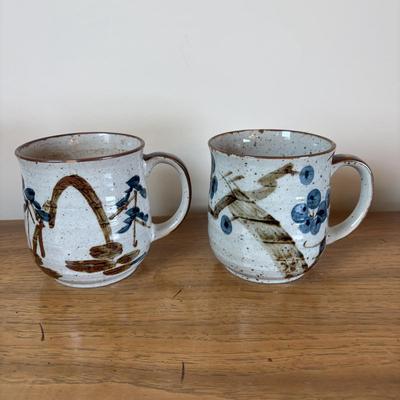 LOT 96: Pottery Collection: Blue Glaze Vase, Brown/Tan Speckled Pitcher, Square Plates & Mugs