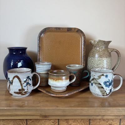 LOT 96: Pottery Collection: Blue Glaze Vase, Brown/Tan Speckled Pitcher, Square Plates & Mugs