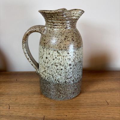 LOT 96: Pottery Collection: Blue Glaze Vase, Brown/Tan Speckled Pitcher, Square Plates & Mugs