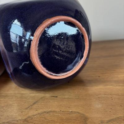 LOT 96: Pottery Collection: Blue Glaze Vase, Brown/Tan Speckled Pitcher, Square Plates & Mugs