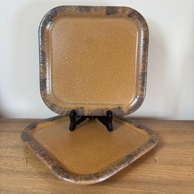 LOT 96: Pottery Collection: Blue Glaze Vase, Brown/Tan Speckled Pitcher, Square Plates & Mugs