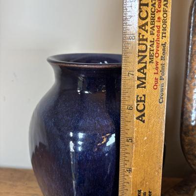 LOT 96: Pottery Collection: Blue Glaze Vase, Brown/Tan Speckled Pitcher, Square Plates & Mugs