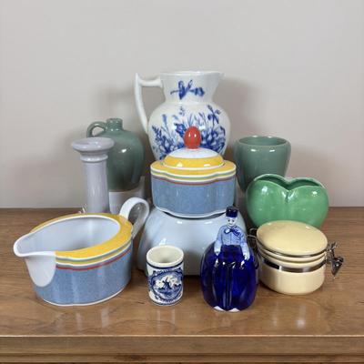 LOT 98: Delft Blue Dutch Boy & Toothpick Holder, OGGI Mini Yellow Canister, Villeroy & Boch Switch 1 (Ava, Caru, & Beala)...