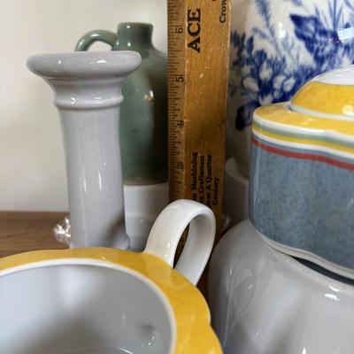 LOT 98: Delft Blue Dutch Boy & Toothpick Holder, OGGI Mini Yellow Canister, Villeroy & Boch Switch 1 (Ava, Caru, & Beala)...